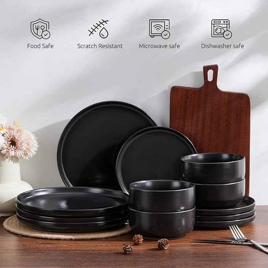 E-far Stoneware Dinnerware Sets for 6, 18-Piece Plates and Bowls Set, Modern Ceramic Dishes Dinning Ware, Microwave & Dishwasher Safe - Matte Black