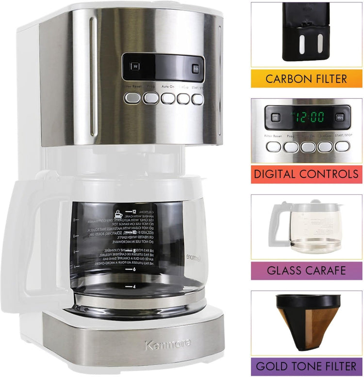 Kenmore drip Coffee Maker - 12 Cup programmable cafe machine with glass pot, regular & bold brew, auto shut off large water reservoir, reusable filter, kitchen appliances for cafeteria barista, White