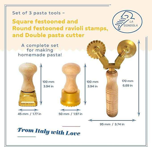 La Gondola Set of 3 Pasta Tools - Square Festooned 1.77x1.77in & Round Festooned 1.97in Ravioli Stamps & Double Pasta Cutter Wheel (Festooned & Smooth) | Brass & Natural Wood | Italian Pasta Cutters