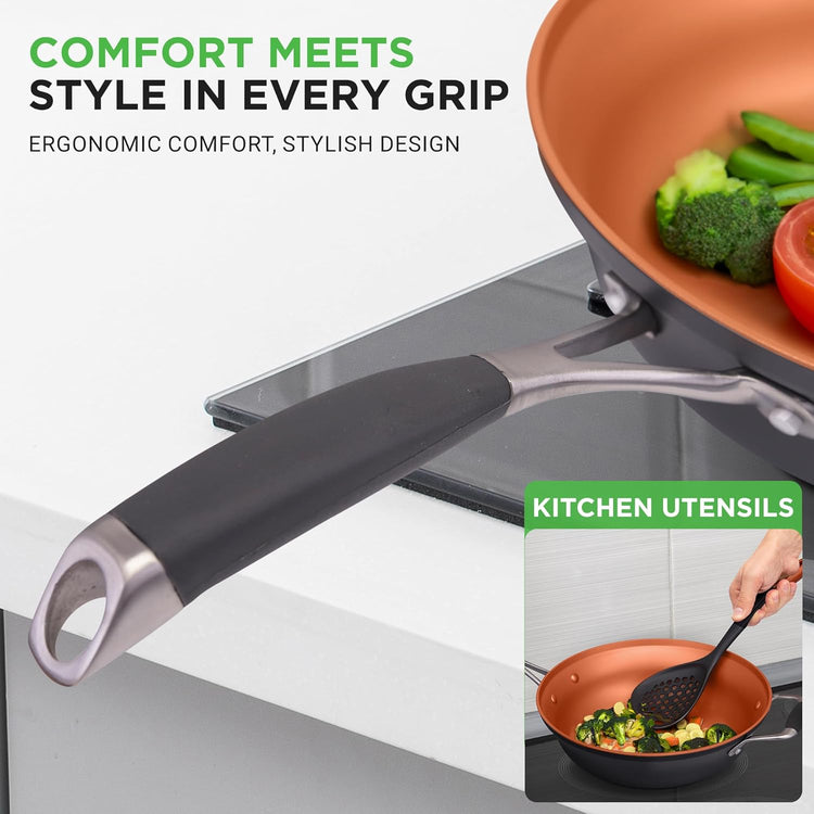 NutriChef 14-Piece Non-Stick Pots & Pans Set - Multi-Sized Cooking Pots with Lids, Small and Medium Frying Pans with Slotted Spatula, Pasta Server, Soup Ladle, Silicone Handles (Copper Color)