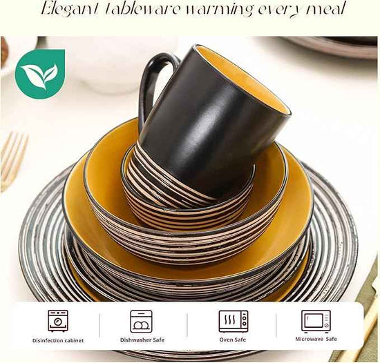 48 Piece Dinnerware Set, Ceramic Plates and Bowls Sets for 8, Microwave and Dishwasher Safe, Handcrafted Tree Bark Series Dish Set, Sunflower/Yellow