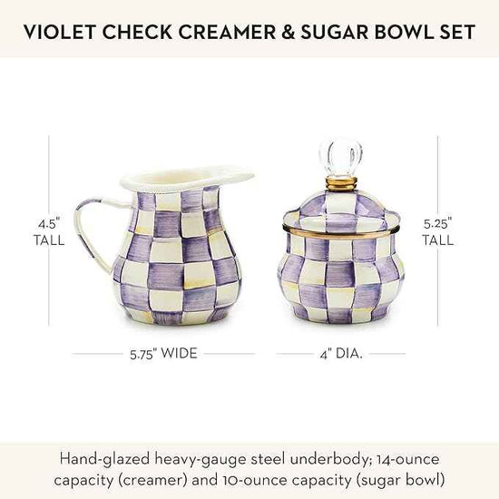 MACKENZIE-CHILDS Enamel Creamer and Sugar Bowl Set, Cream Dispenser with Pour Spout and Sugar Holder, Unique Kitchen Decor, Purple-and-White Violet Check