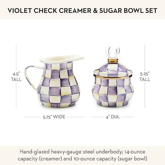 MACKENZIE-CHILDS Enamel Creamer and Sugar Bowl Set, Cream Dispenser with Pour Spout and Sugar Holder, Unique Kitchen Decor, Purple-and-White Violet Check