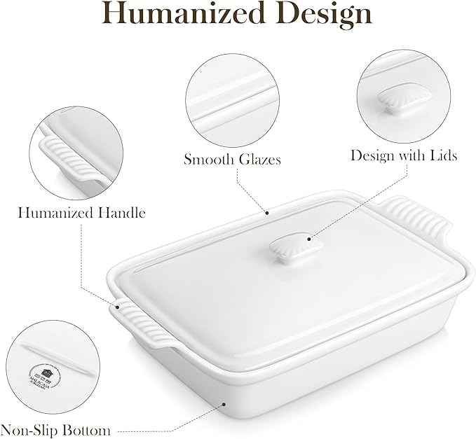 MALACASA 3.4 Quart Baking Dish With Lid, Porcelain Casserole dish with Lid, 13 x 9 Lasagna Pan Deep with Lid, Rectangular Bakeware With Handle, Microwave, Oven Safe, White, Series BAKE