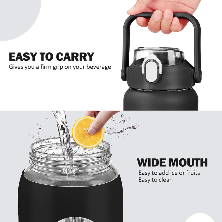 kytffu 56oz Glass Water Bottles with Straw, Motivational Glass Bottle with Silicone Sleeve and Time Marker, Leakproof Large Glass Water Jug for Gym Home Office, Black.