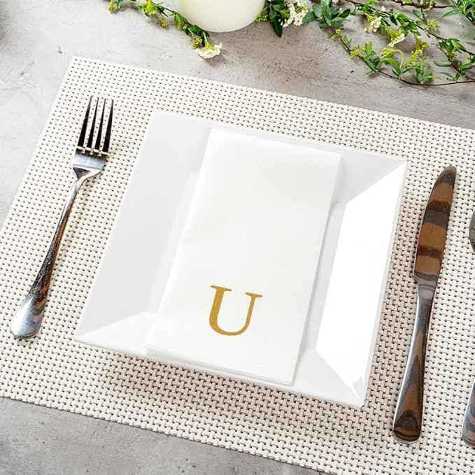 Luxenap 15.8 X 7.9 Inch Linen-Feel Guest Towels, 50 Lettered Hand Towels - Gold Letter 'U', Sans Serif Font, White Paper Dinner Napkins, airlaid, For Restrooms And Tables
