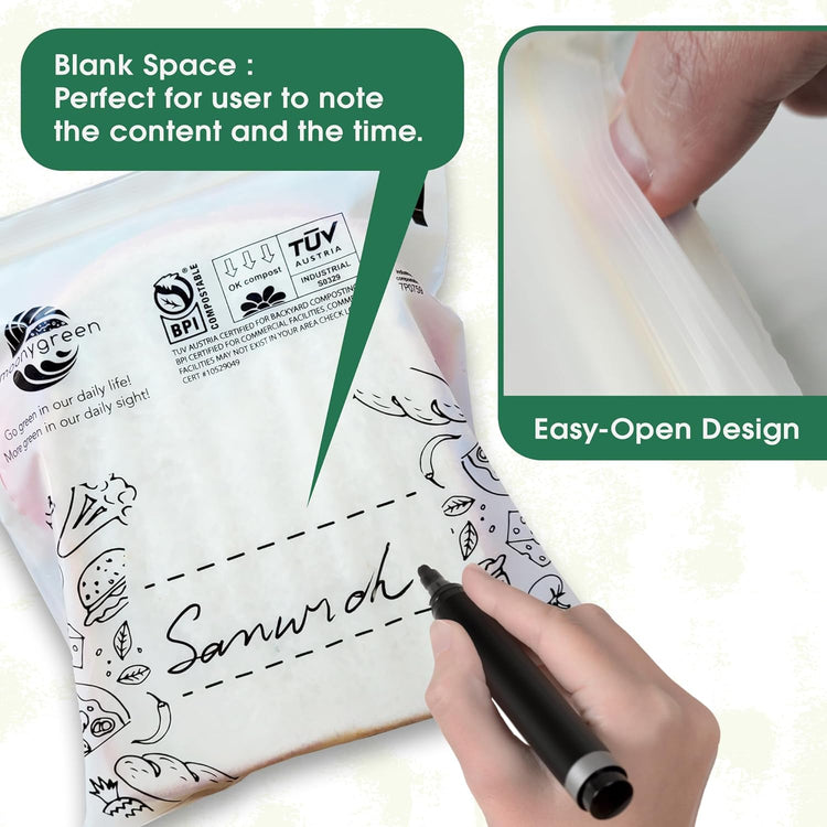 Compostable Food Storage Bags, Resealable Snack Bags, 50 Count, 6.5 x 3.7 inches, Extra Thick, Certified US BPI ASTM D6400 Europe OK Compost