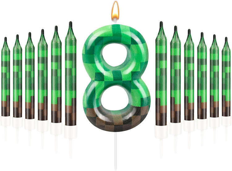 13 Pcs Dynamite Candles 12 TNT Themed Birthday Cake Candles and Number 8 Candle Cake Topper for Pixel Theme Birthday Party Anniversary Party Dynamite Theme Party Video Game Party Supplies (Number 8)