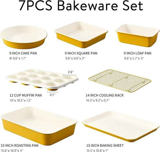 CAROTE 7-Piece Nonstick Ceramic Baking Pans Set - Bakeware Sets Including Cookie Sheets for Baking, Muffin Pan, Bread Pan, Cake pan, Loaf Pan, Roasting Pan, and Cooling Rack, Yellow & White