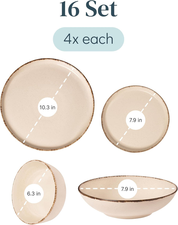 Earthenware dinnerware set 4 persons Rustic 16 pcs - Rustic design dinnerware set, dishwasher safe - Bowl and plate set - Pure Living dinnerware in beige…