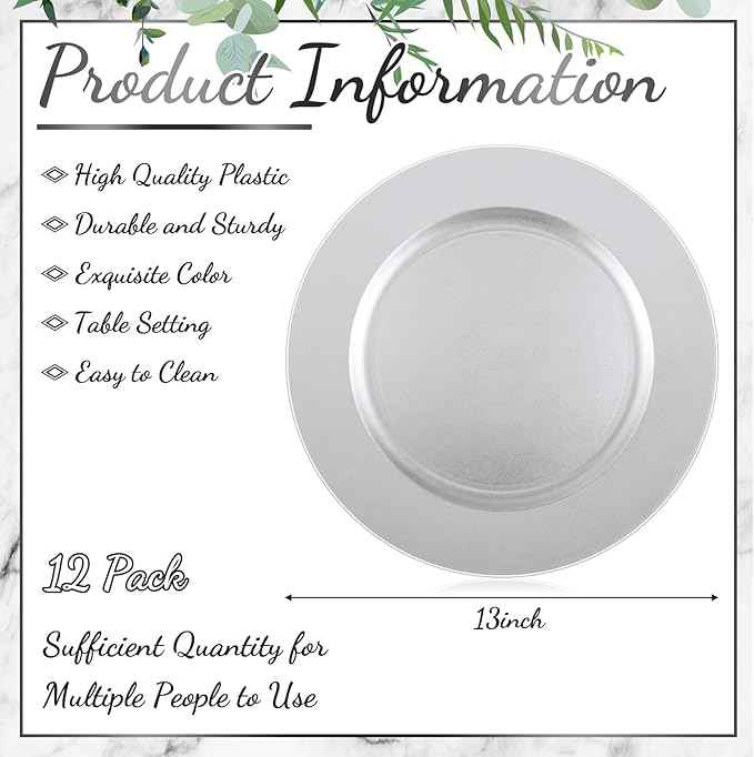 Tanlade 12 Pcs 13 Inch Charger Plates Bulk Round Wedding Chargers Plastic Dinner Plates for Table Setting Wedding Party Decoration (Silver White)
