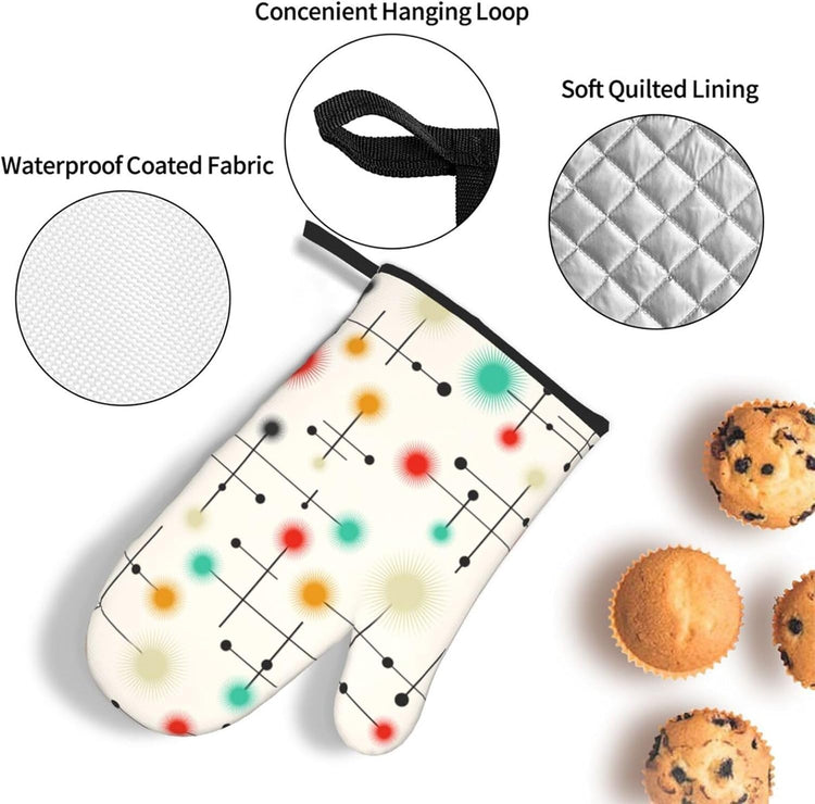 Mid Century Modern Oven Mitts and Pot Holders Sets of 3 Heat Resistant Non Slip Retro Kitchen Gloves Hot Pads for Cooking BBQ Grilling Baking