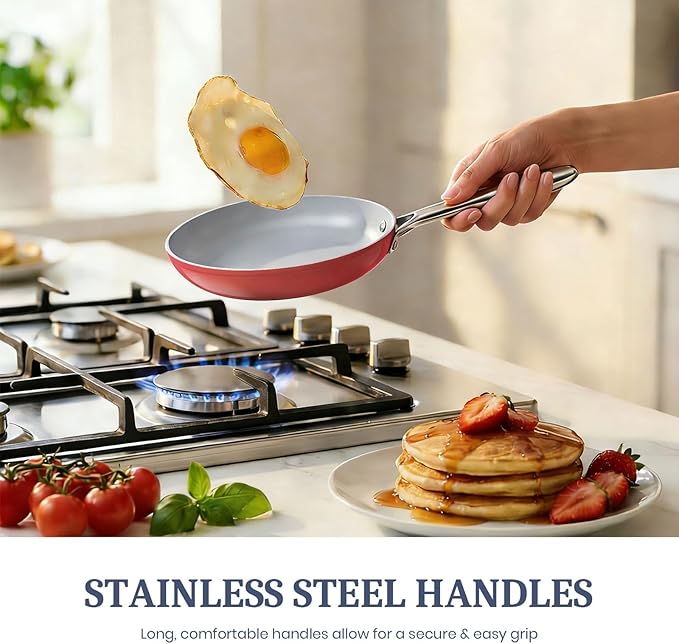 CookinCraze Ceramic Cookware Set, Pots and Pans Set Nonstick with Lid PFAS & PFOA Free, Induction Compatible Oven Safe Up to 500°F Even Heat Distribution, Coral Red