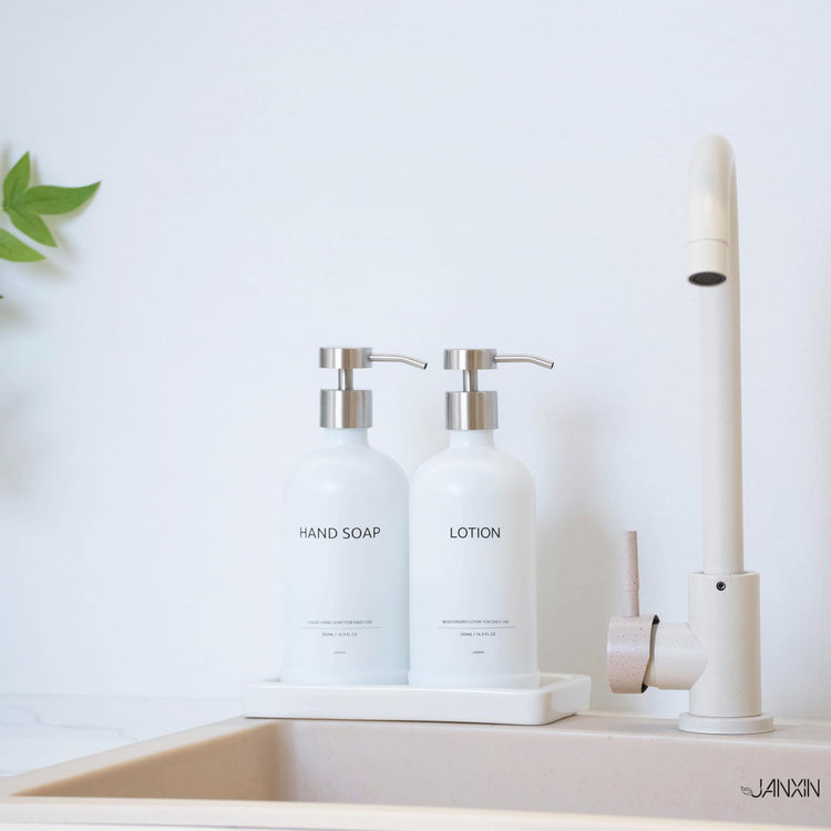 Glass Kitchen Soap Dispenser Set with Ceramic Tray