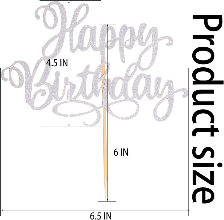 Happy Birthday Cake Toppers 9 Inch Glitter Happy Birthday Cake Pick for Birthday Anniversary Theme Party Cake Decorations Supplies - Silver