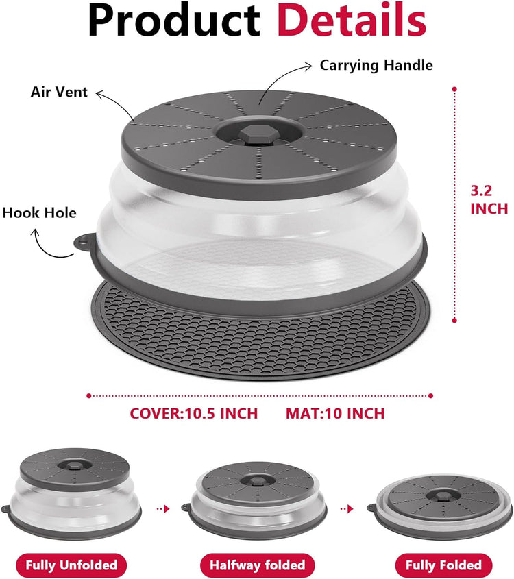 WVM Microwave Splatter Cover & Mat, Vented Collapsible Splatter Guard dish Plate lid & Silicone Round Kitchen Mat for Food, Meal Prep, Dark Grey