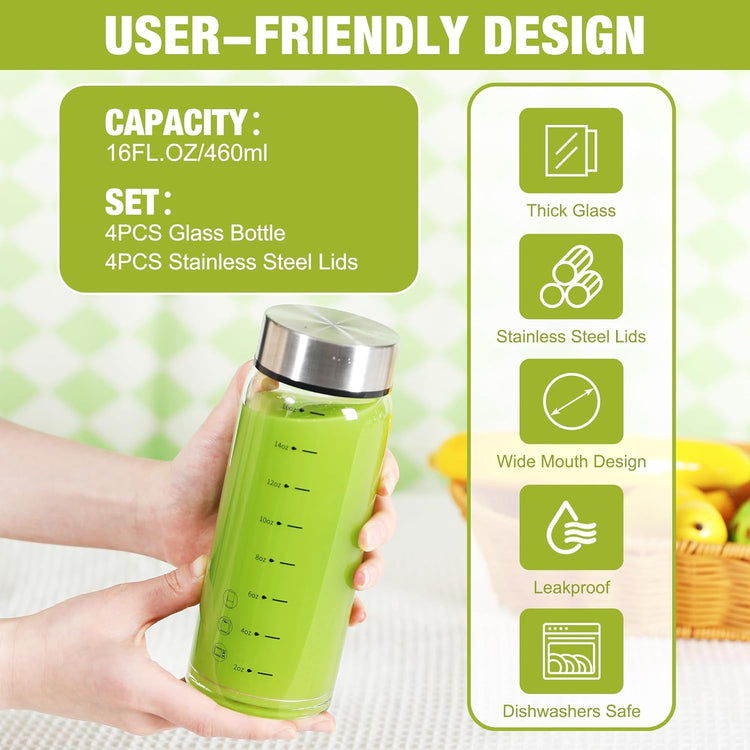 16oz Glass Juice Bottles – 4 Pack Reusable Wide Mouth Bottles with Stainless Steel Lids & Cleaning Brush, BPA-Free Water Bottles for Juicing, Smoothies, Milk, and Protein (480ml)