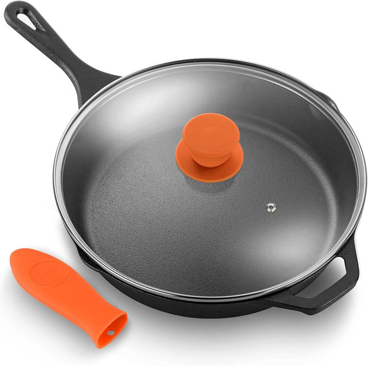 NutriChef 10 Inch Cast Iron Skillet with Lid - Pre-Seasoned Small Fry Pan with Side Drip Spout and Silicone Handle - Nestoria