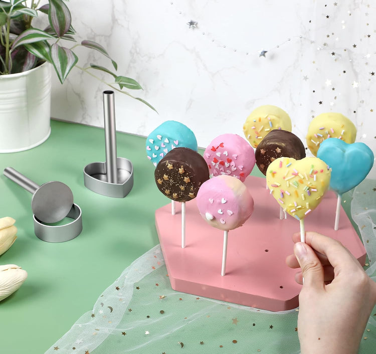 Webake Circle and Heart Cake Pop Cutter and Pusher, 304 Stainless Steel Cake Pop Molds, Easy Use, Non Toxic, Set of 4
