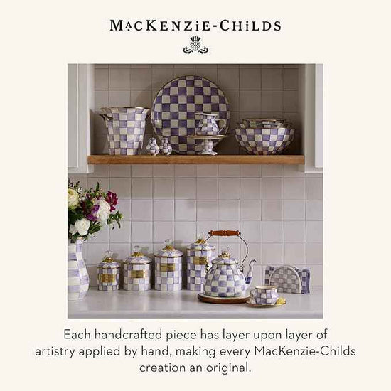 MACKENZIE-CHILDS Enamel Compote, Pedestal Serving Dish or Decorative Bowl, Large, Purple-and-White Violet Check