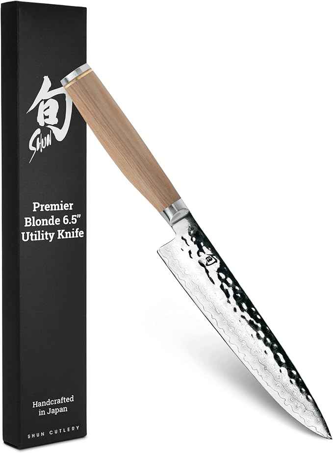 Shun Premier Blonde 6.5" Utility Knife, Handcrafted Japanese Knife, VG-MAX Core with Damascus Stainless Steel Cladding, Pakkawood Handle, Precision and Sharpness for Professional and Home Chefs