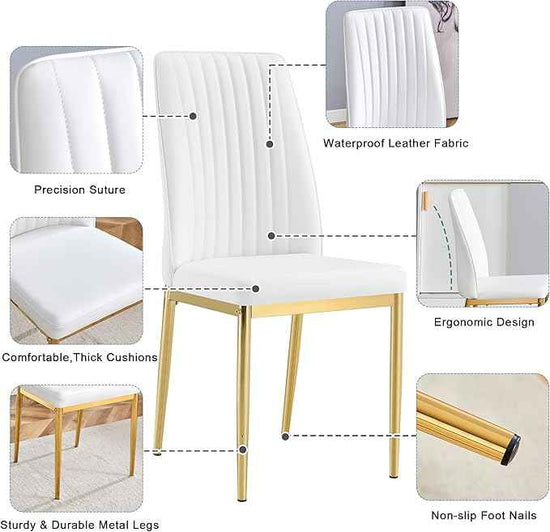 White Golden Dining Chairs Set - Modern PU Leather Armless Chairs with Metal Legs for Dinner Room, Office, Waiting Room (Set of 6)