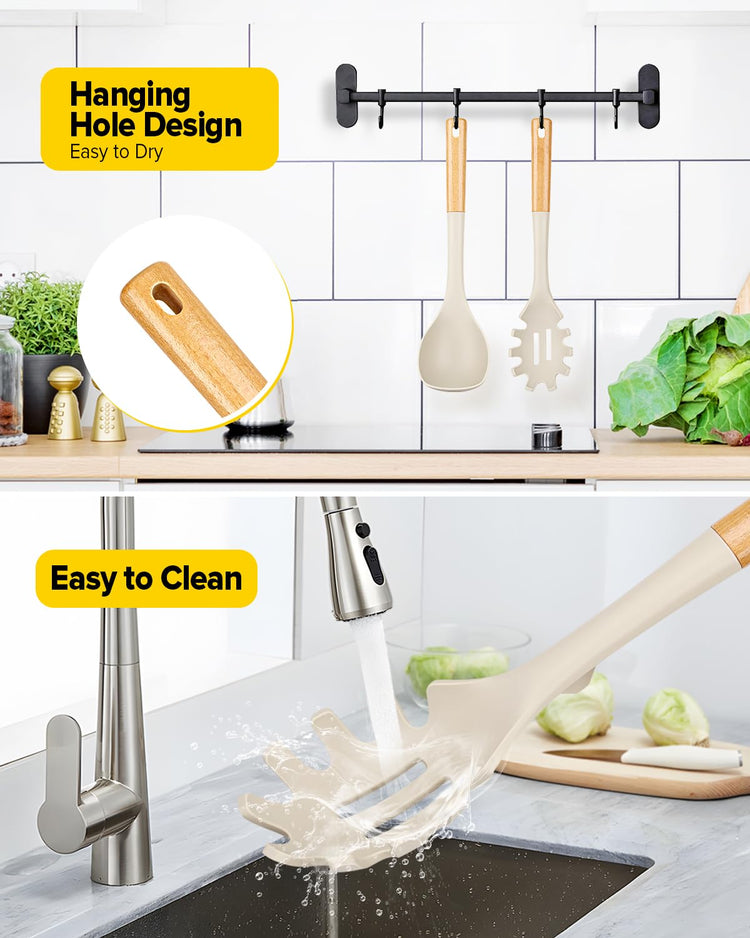 Silicone Soup Ladle and Spaghetti Spoon Set with Wooden Handle (2 Count)