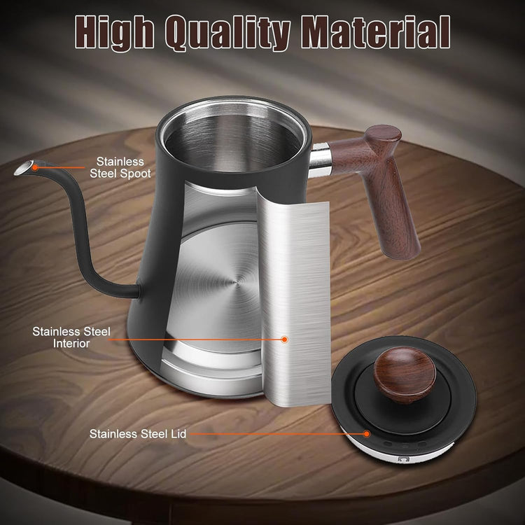 Electric Gooseneck Tea Kettle with Temperature Control, 1200W Electric Coffee Kettle Auto Shut Off Fast Heating, Stainless Steel Smart Water Heater with Timer for Brew Tea, Boil Hot Water (Black)