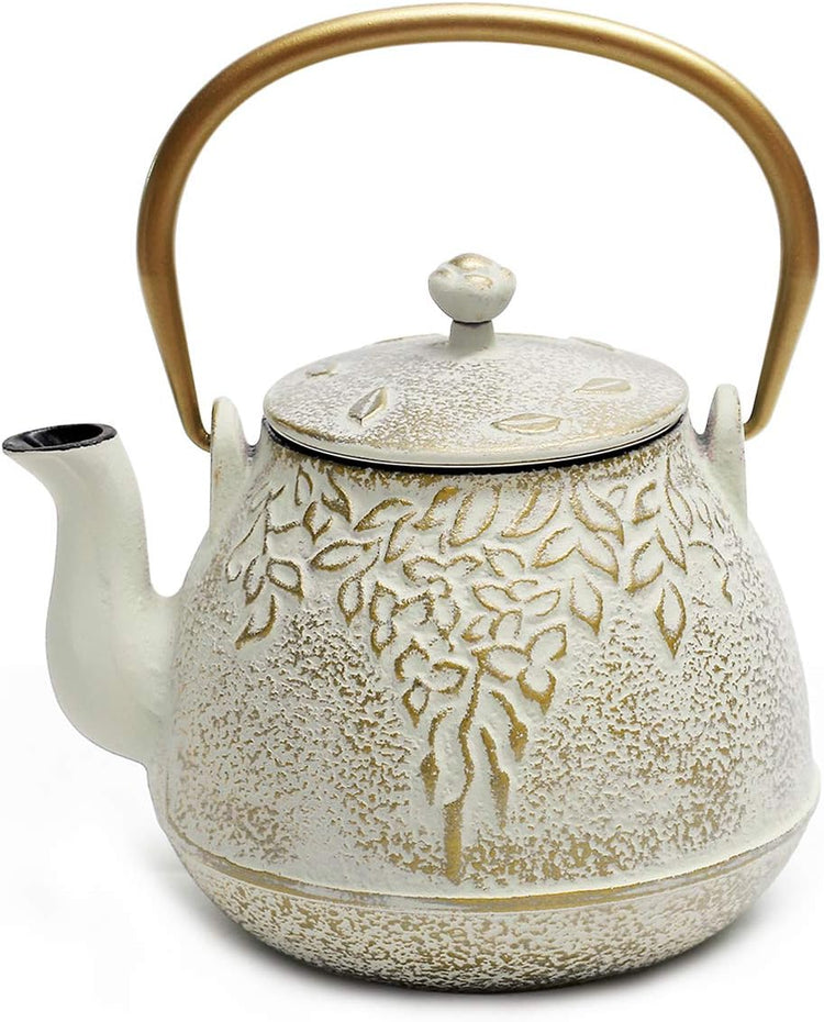Tea Kettle, TOPTIER Japanese Cast Iron Teapot with Infuser for Loose Leaf and Tea Bags, Stovetop Safe Cast Iron Tea Kettle Coated with Enameled Interior for 40 oz (1200 ml), Beige