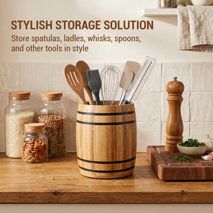 Wine Barrel Design Kitchen Utensil Crock
