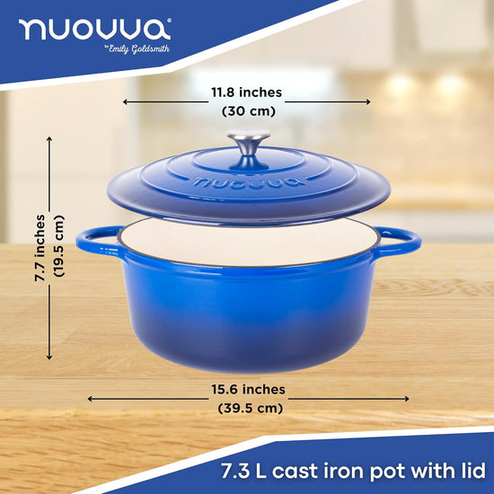 Cast Iron Dutch Oven with Lid – Non-Stick Ovenproof Enamelled Casserole Pot – Sturdy Dutch Oven Cookware – Dark Blue, 7.3-Quart, 30cm – by Nuovva - Nestoria