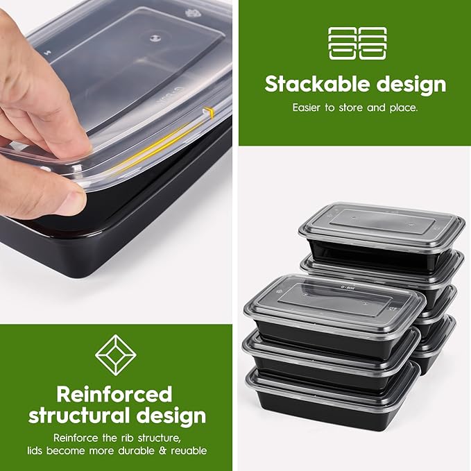 Glotoch 50 Pack (100-Piece) 32 oz 1 Compartment Meal Prep Containers with Lids, Plastic Food Storage Containers for Lunch, Microwave, Freezer, and Dishwasher Safe Take out Containers