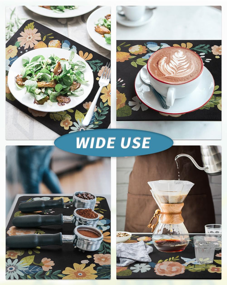 AMOAMI Coffee Mat Hide Stain Rubber Backed Absorbent Dish Drying Mat for Kitchen Counter - Bar Accessories Fit Under Coffee Maker, Espresso Machine, Dish Rack - Floral Black 12x19