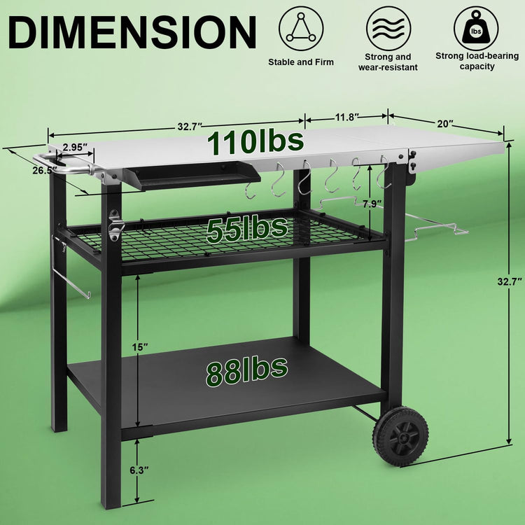 EDOSTORY Outdoor Grill Cart Pizza Oven Stand, Three-Shelf Stainless Steel Food Prep Table Patio BBQ Grill Table Bar Cart Kitchen Island with Wheels