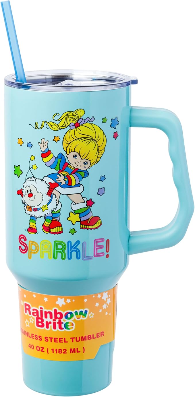 Silver Buffalo Rainbow Brite and Twink Sparkle Double Walled Stainless Steel Tumbler with Handle and Straw, Fits in Standard Cup Holder, 40 Ounces
