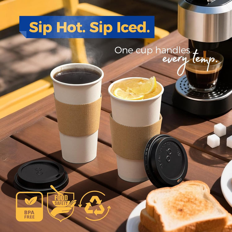 Fit Meal Prep 100 Pack 20 oz Disposable Coffee Cups with Lids, Sleeves, Leak-Proof To Go Coffee Cups with Lids, Durable Paper Cups for Hot Beverage, Home, Office, Party