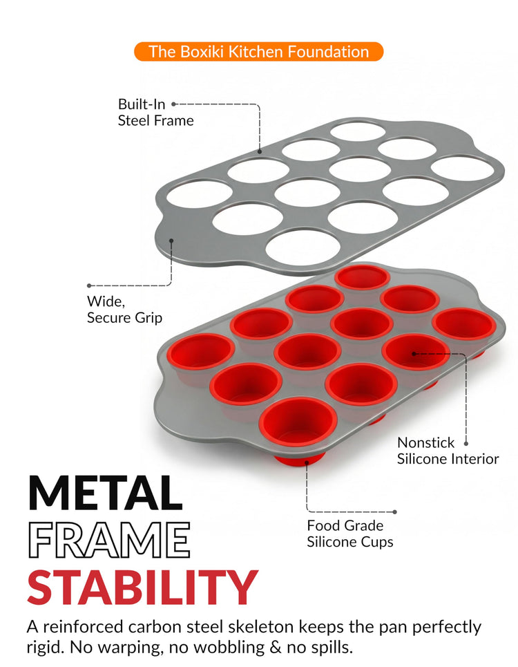 Non Stick 12 Cup Silicone Muffin Pan with Steel Frame