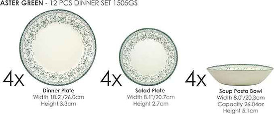 Tudor Royal 12-Piece Round Porcelain Dinnerware Set, Service for 4 - Aster Green Design, Multicolor Floral, Plates Bowls Mugs Dishes, Premium Quality Tableware, Unique Pattern, Glossy