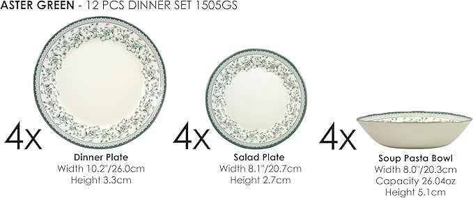 Tudor Royal 12-Piece Round Porcelain Dinnerware Set, Service for 4 - Aster Green Design, Multicolor Floral, Plates Bowls Mugs Dishes, Premium Quality Tableware, Unique Pattern, Glossy