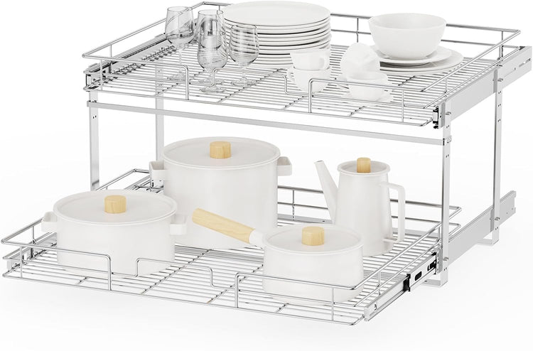 ROOMTEC Individual Pull Out Cabinet Organizer (27" W x 21½" D), 2 Tier Spice Rack Organizer for Cabinet, Slide Out Drawer Pantry Shelf Organization and Storage for Kitchen Bathroom