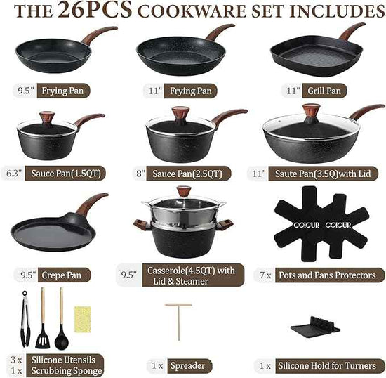 26Pcs Pots and Pans Nonstick Ceramic Cookware Set Nontoxic Kitchen Cooking Set with Steamers Utensils Induction Compatible, PFAS/PFOA Free, Oven and Dishwasher Safe, Black