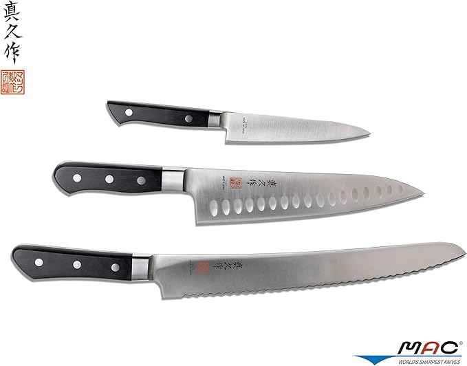 MAC Knife set Professional series 3-piece PRO-31, MTH-80 Pro series 8" Chef's knife w/dimples, PKF-50 Pro series 5" Paring knife, MSB-105 Pro series 10.5" Bread/Roast slicer, made in Japan