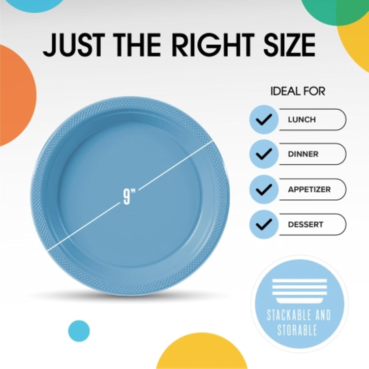 Exquisite Party Solids Light Blue Plastic Plates For Party 9" Light Blue Disposable Plates Heavy Duty Supplies 100 Pcs Plastic Dinnerware Sets Heavy Duty 350 GSM Disposable Dinnerware Set
