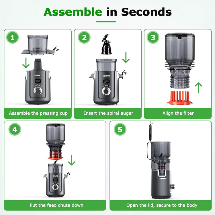 OMMO Cold Press Juicer Machines: 5.1" Feed Chute for Whole Fruits & Veggies, 300W Slow Juicer BPA Free for Kids, Beep Alert Easy Clean Juicers for Busy Mornings/Moms/Fitness/Healthy Living, Grey