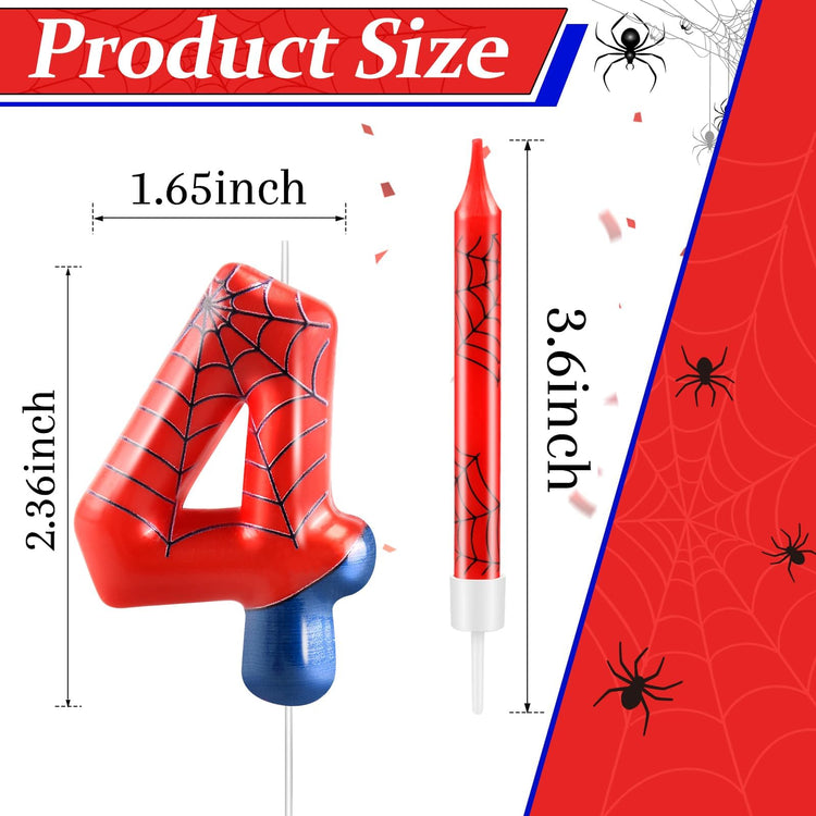 13 Pcs Spider Themed Birthday Candle Set Red Spider Theme Number 4 Candle Cake Topper for Boys Girls Birthday Decoration Spider Party Decoration Supplies (13 Count)