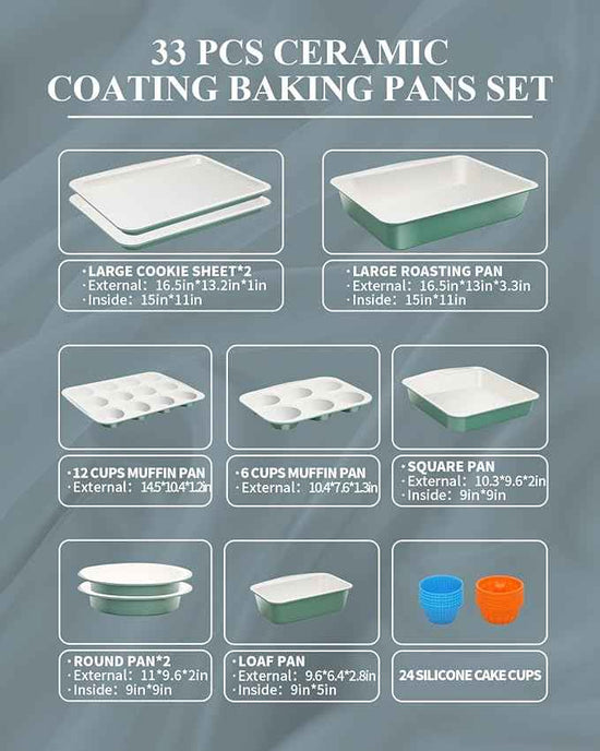 Ceramic Nonstick Baking Pans Set, Non Toxic 33 PCS Stackable Bakeware Sets, 550°F Oven Safe Baking Sheet & Pans, Warp-Free, Dishwasher Safe, PTFE/PFOA/PFOS-Free (Green)