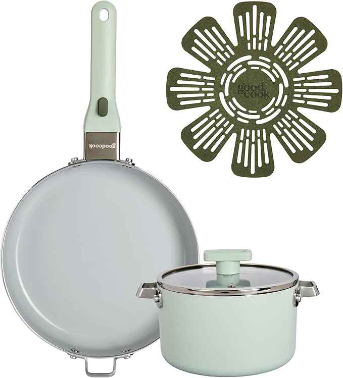 GoodCook Ceramic Cookware Set 5-Piece with Removable Handle, Induction Compatible, Nonstick and Oven Safe with 9.5-Inch Frypan, Sage Green