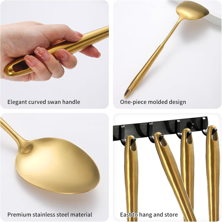 304 Stainlss Steel Matte Kitchen Utensils Set, 12 Pcs Long Metal Cooking Utensil Gadgets Tools Set with Spatula, Ladle, Spoon, Ladle, Skimmer, Tunner, Pasta Server, Tongs(Gold, Dishwasher Safe)