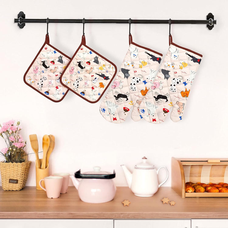 Dogs Oven Mitts and Pot Holders Sets 4Pcs, 100% Cotton Heat Resistant, Extra Long Oven Gloves Potholder for Kitchen Cooking Baking Decoration