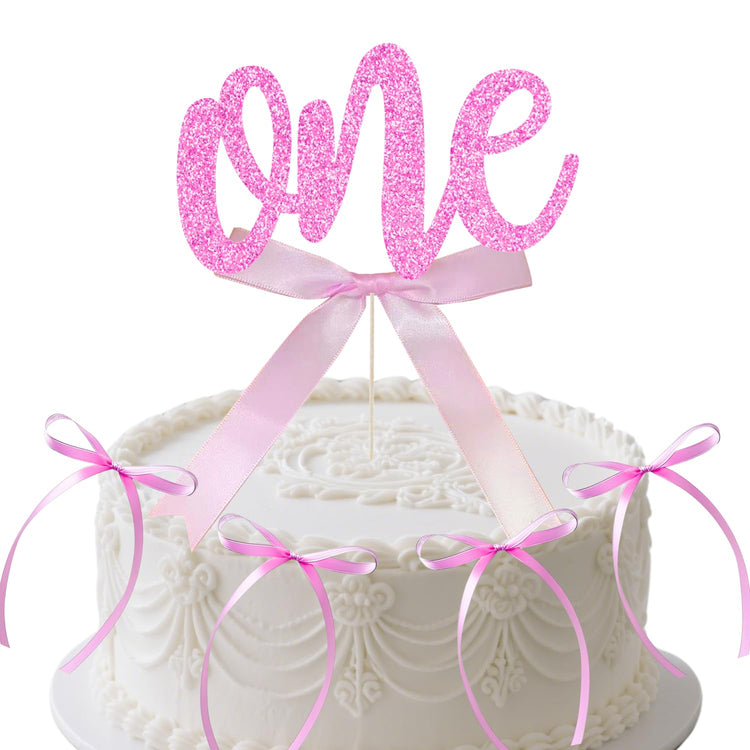 1st Birthday Cake Topper with 8 Pink Bows (17 Count)